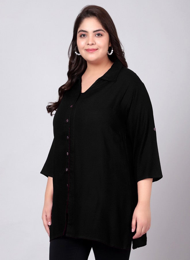 Indietoga Plus Size Classic Spread Collar Longline Casual Shirt - Image 4